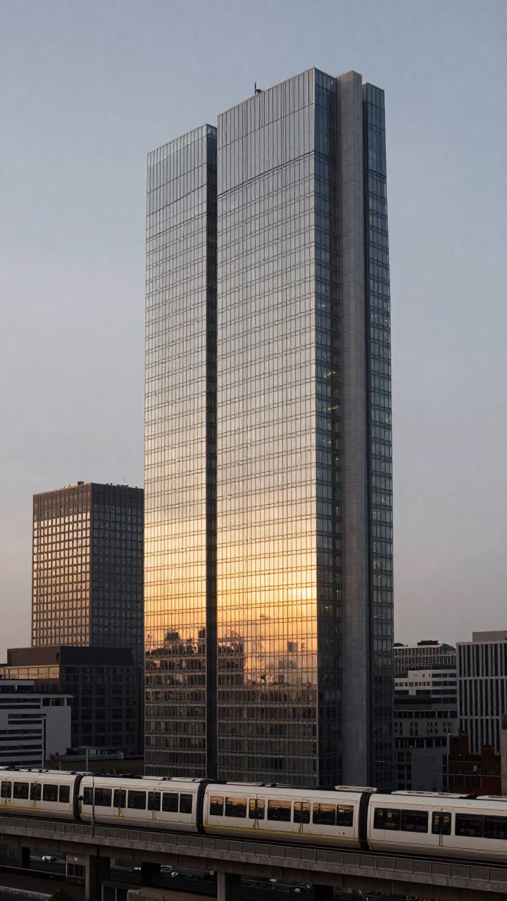 Brussels Belgium Morning Monorail Reflection in Glass Skyscraper After Sunrise in in Brussels, Belgium