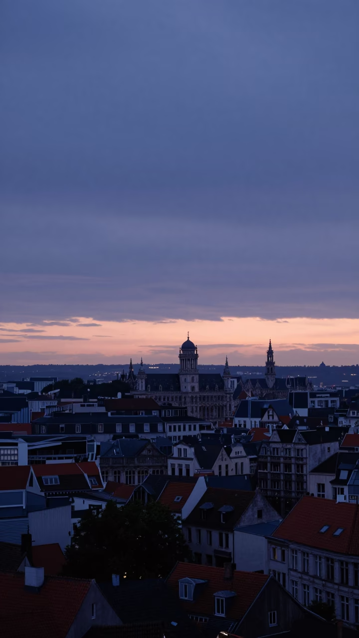Brussels Belgium Nautical Dawn Cityscape Horizon Shot with Vintage 1970s Aesthetic in in Brussels, Belgium