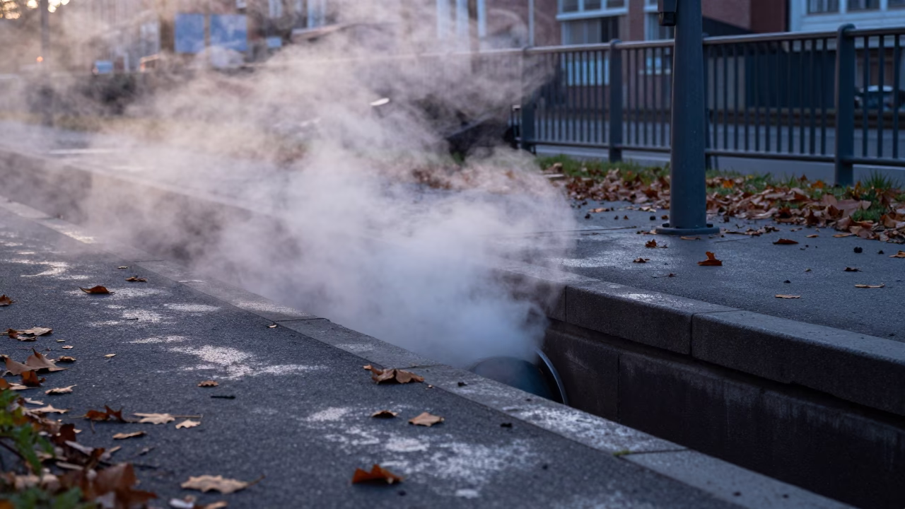 Brussels Belgium Nautical Dawn District Heating Pipe Trench Steaming Through Autumn Leaves in in Brussels, Belgium