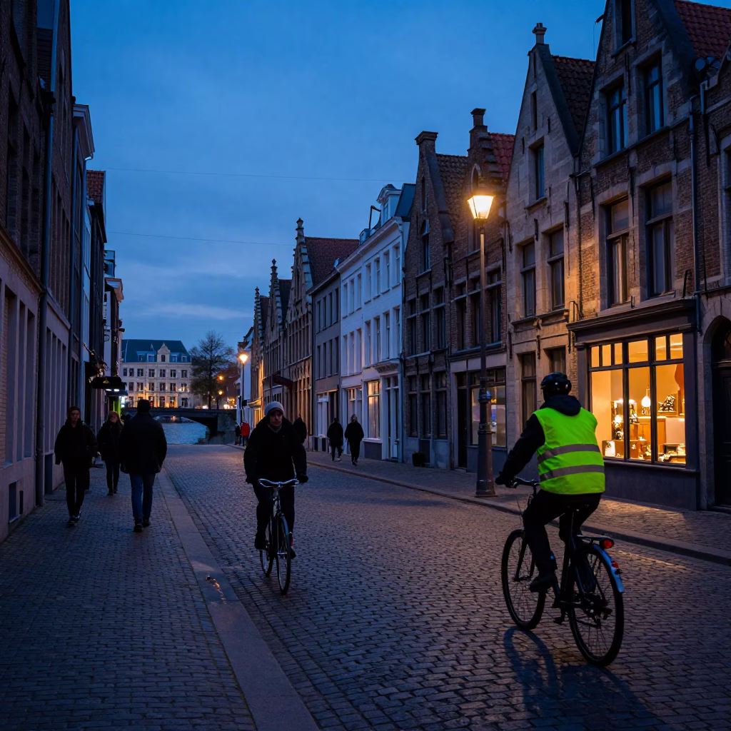 Brussels Belgium Nautical Dawn Street Scene with Cyclists and Cobblestone Canals in in Brussels, Belgium