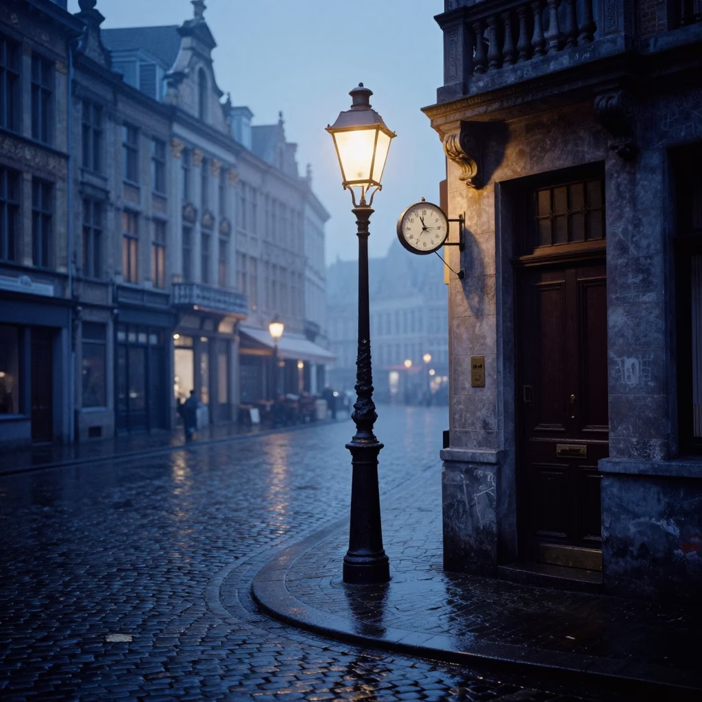 Brussels Belgium Nautical Dawn Street Scene with Vintage Alarm Clock and Folding Chair in in Brussels, Belgium