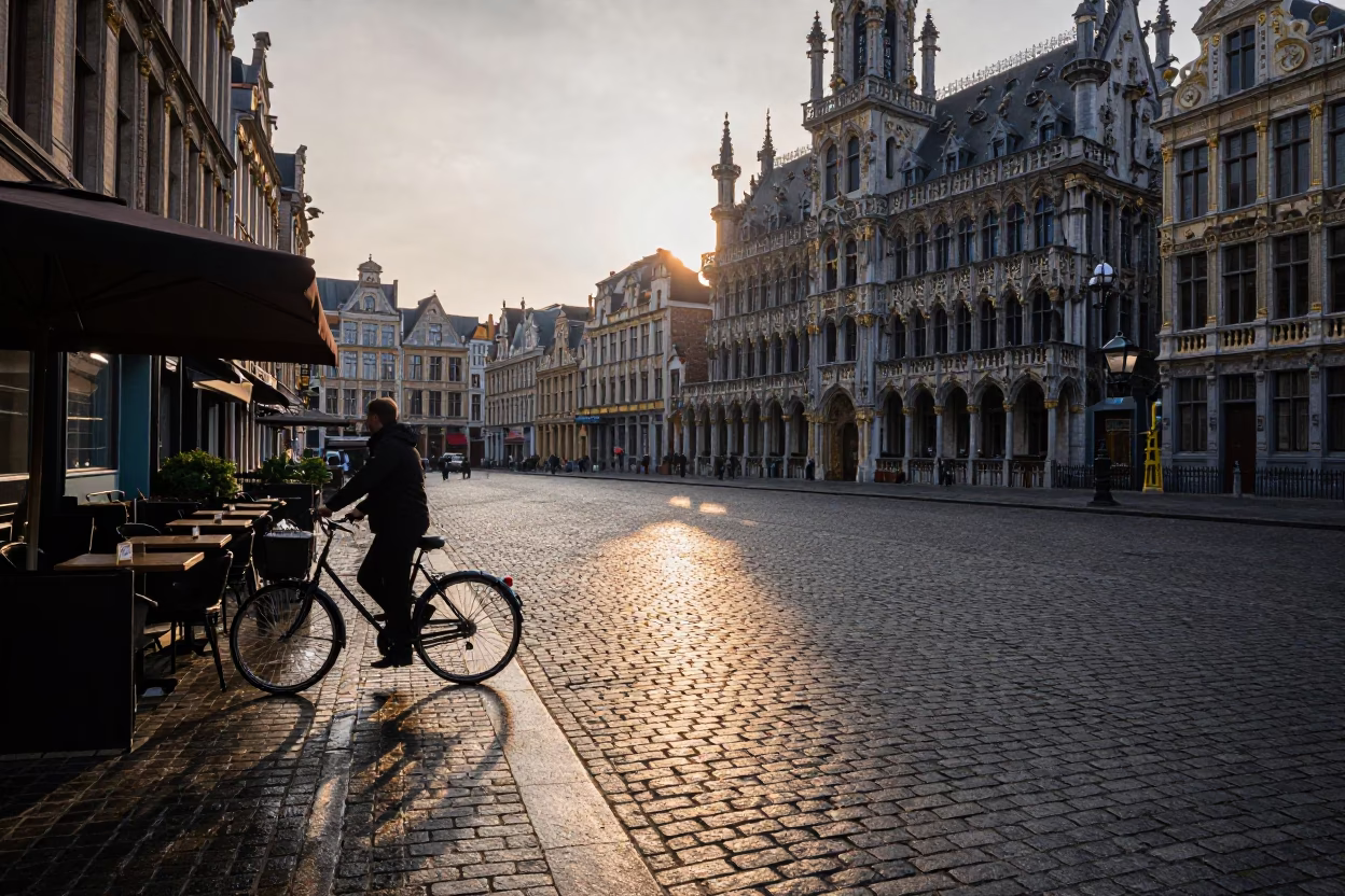 Brussels Belgium Nautical Dawn Street Scene with Wicker Shadow and Water Rings in in Brussels, Belgium