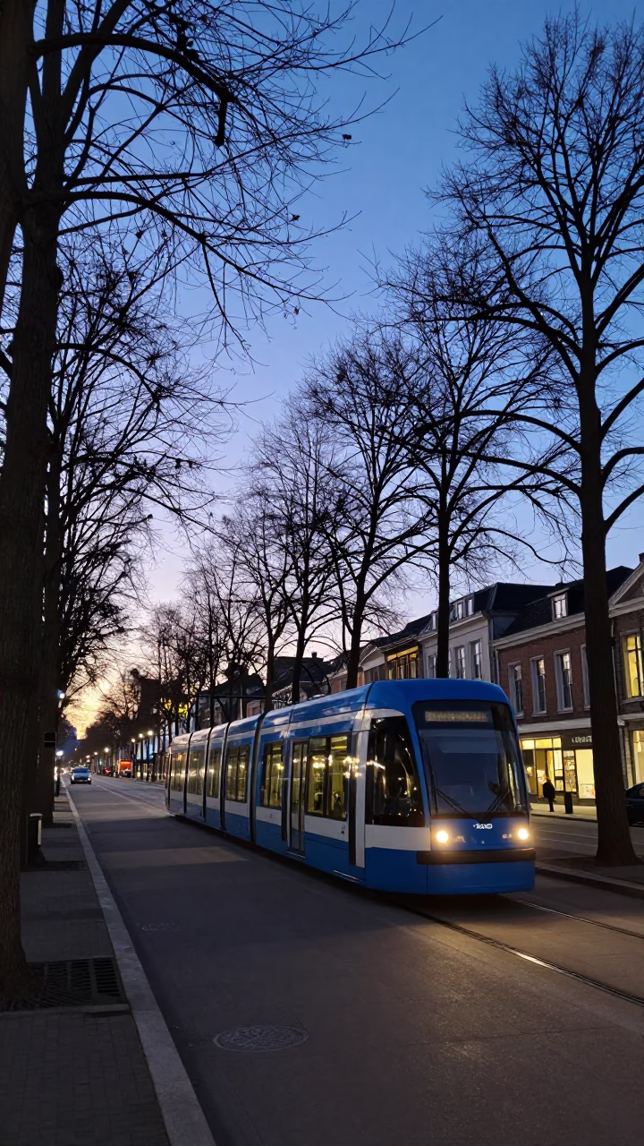 Brussels Belgium Nautical Dawn Tramcar on Tree Lined Boulevard in in Brussels, Belgium