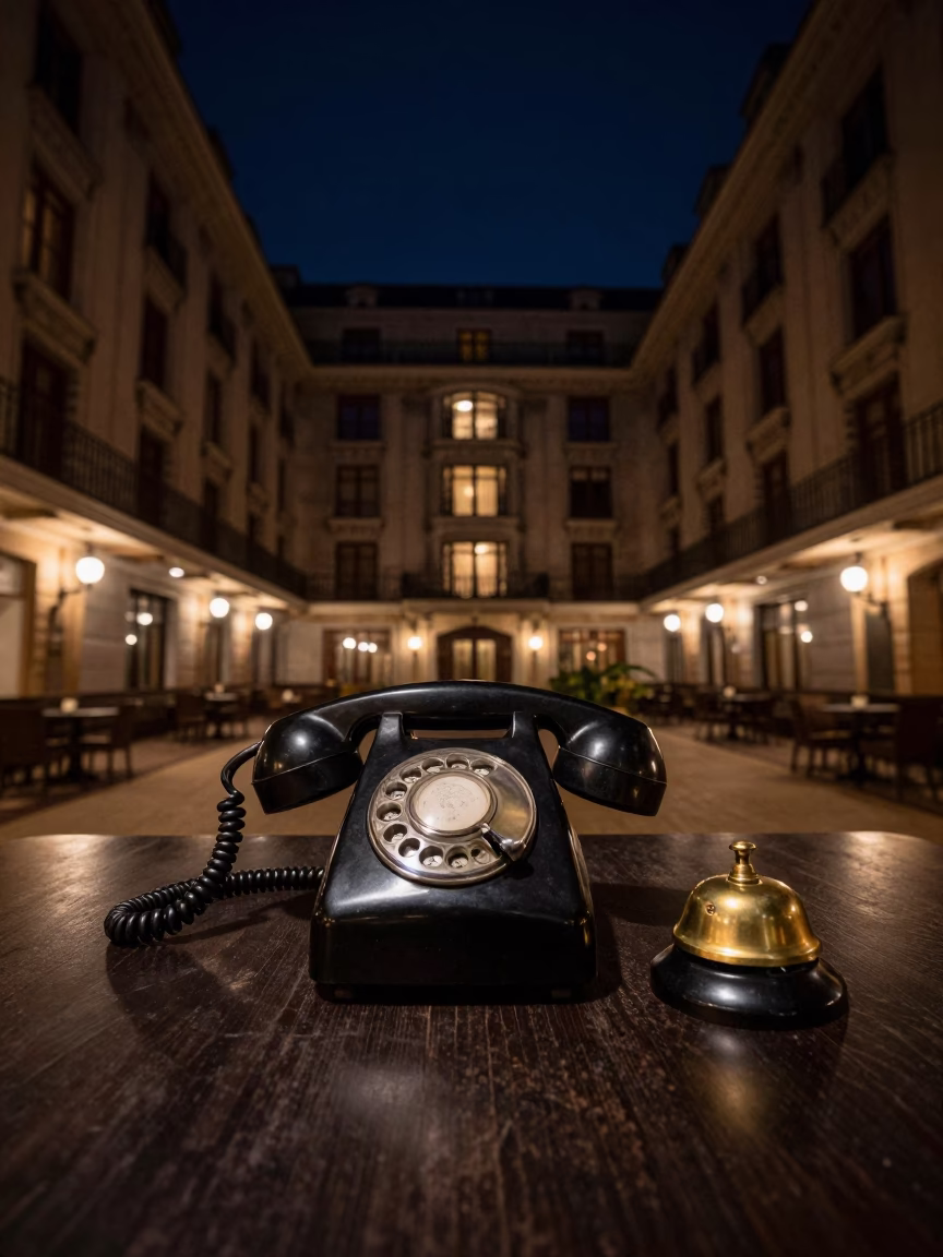 Brussels Belgium Night Scene with Vintage Bakelite Telephone on Hotel Reception Desk in in Brussels, Belgium