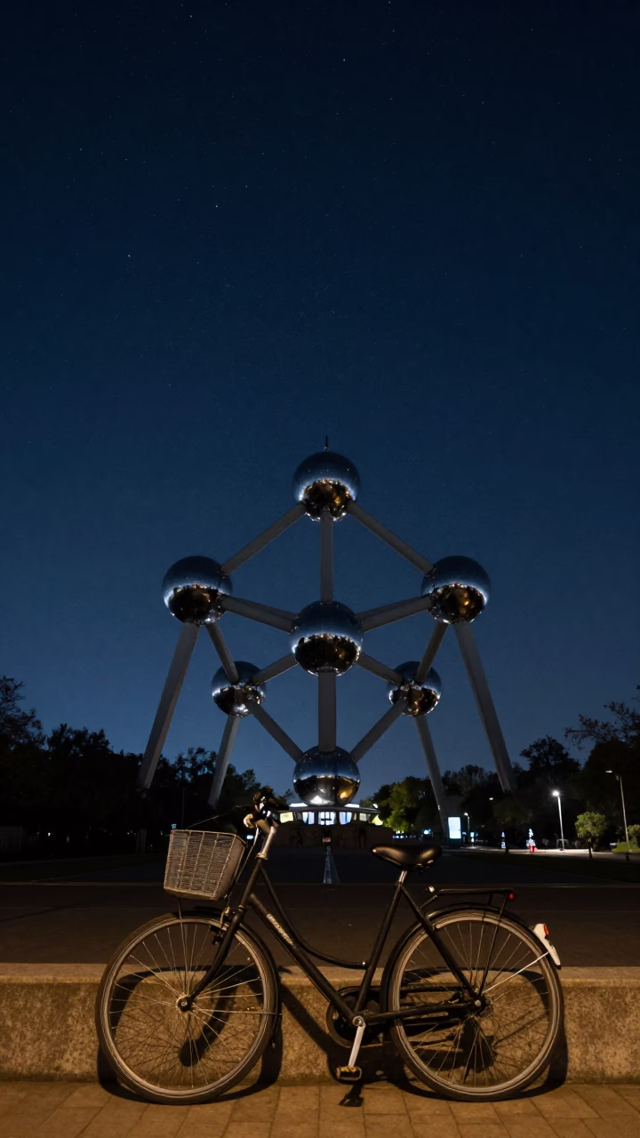 Brussels Belgium Night Sky Horizon Shot with Bicycle and Glass Tumbler in in Brussels, Belgium
