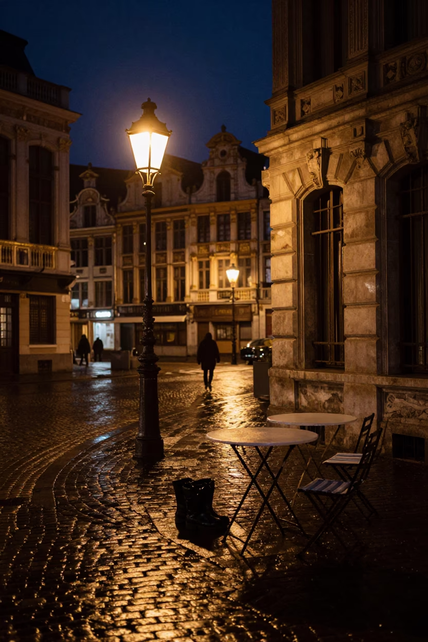 Brussels Belgium Night Street Scene with Folding Tables and Boot Scraper in in Brussels, Belgium