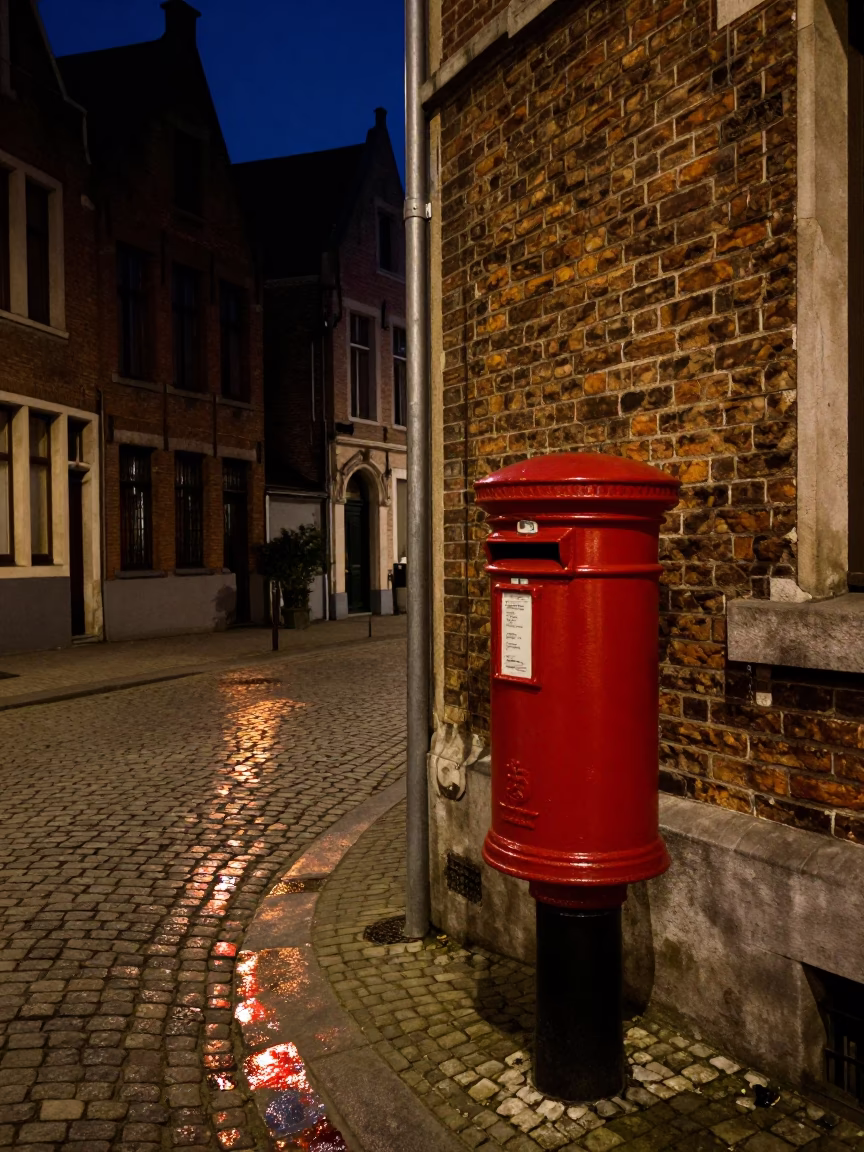 Brussels Belgium Night Street Scene with Mailbox and Cobblestone Reflections in in Brussels, Belgium