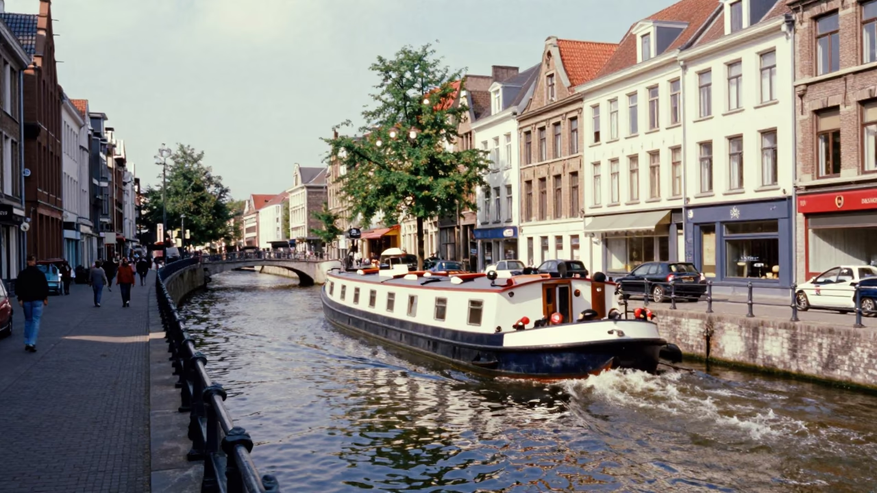Brussels Belgium Noon Light Canal Barge Cargo Urban Street Scene 1990s in in Brussels, Belgium