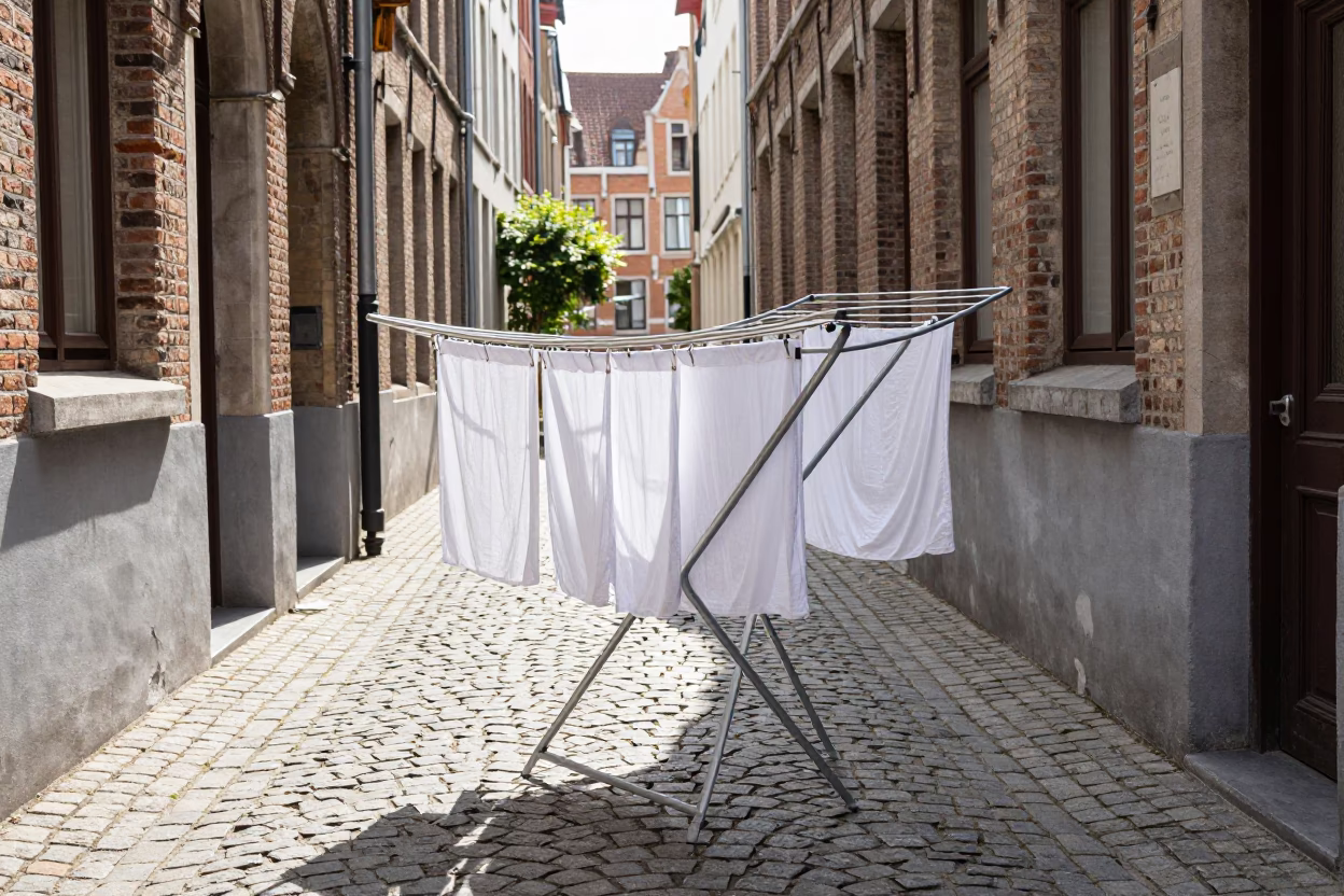 Brussels Belgium Noon Light Drying Rack in Cobblestone Alleyway in in Brussels, Belgium