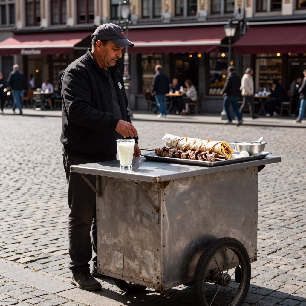 Brussels Belgium Noon Street Scene with Ayran and Kebab Near Atomium in in Brussels, Belgium