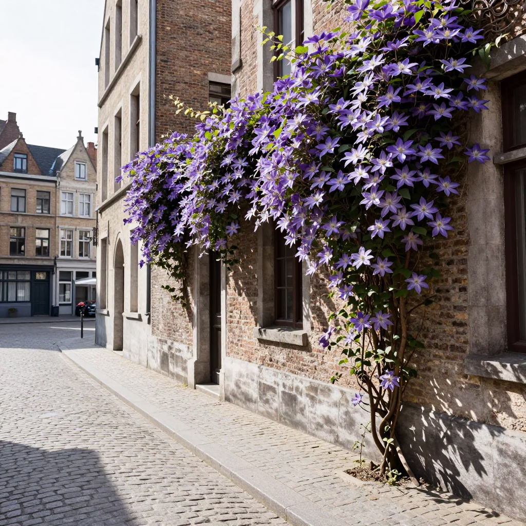 Brussels Belgium Noon Street Scene with Clematis Vine and Cobblestone Alley in in Brussels, Belgium