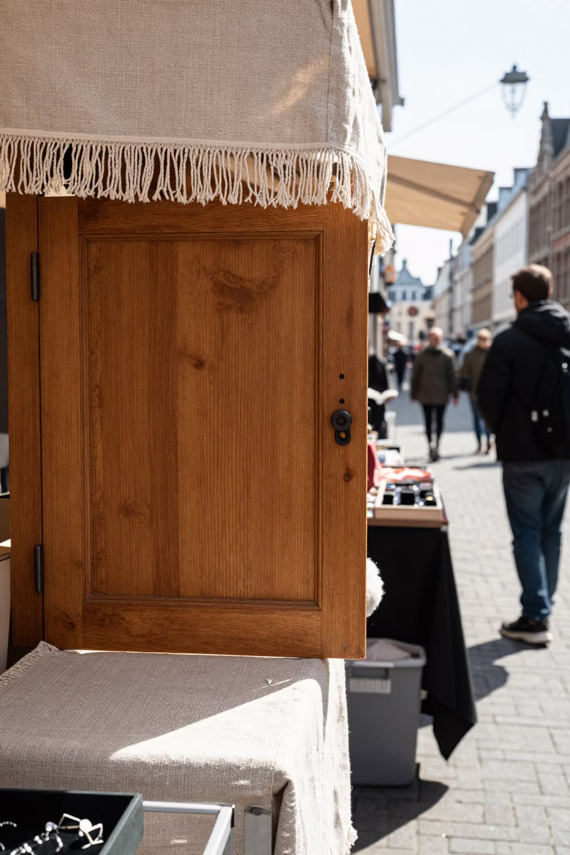 Brussels Belgium Noon Street Scene with Linen Fringe Cabinet and Diamond Ring in in Brussels, Belgium