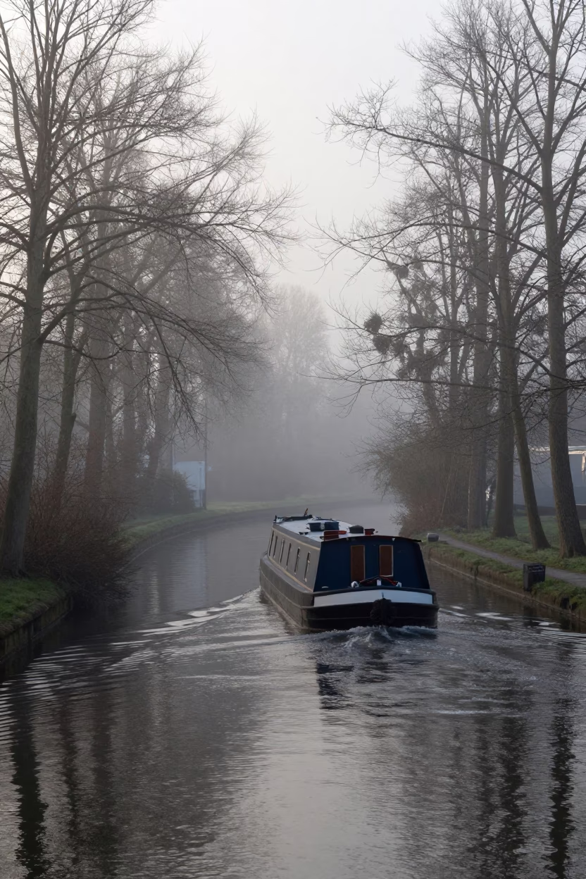 Brussels Belgium Pre-Dawn Canal Barge and Foggy Morning Light in in Brussels, Belgium