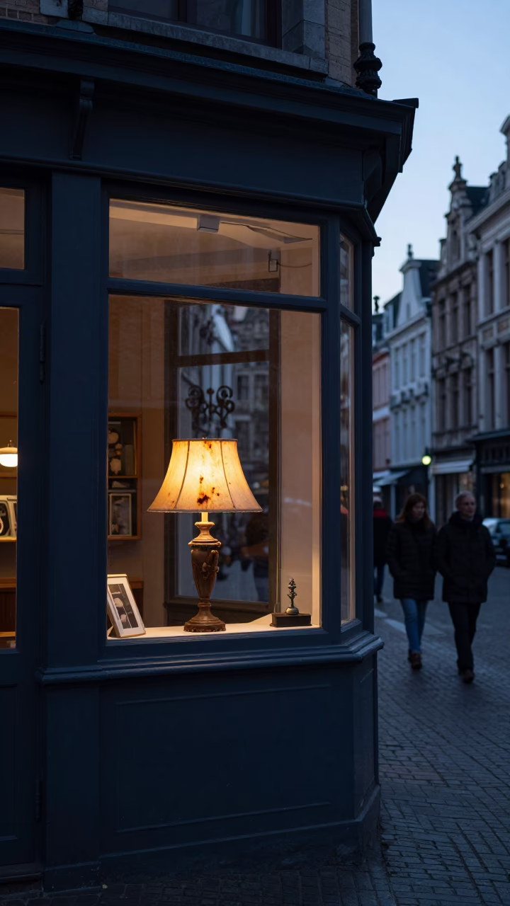Brussels Belgium Pre-Dawn Street Scene with Lampshade and Rusty Grout Details in in Brussels, Belgium