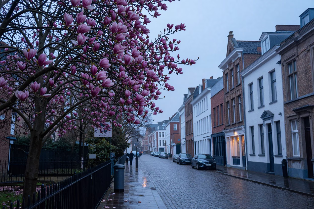 Brussels Belgium Pre-Dawn Street Scene with Magnolia Tree Bloom and Motorcycle Convoy in in Brussels, Belgium
