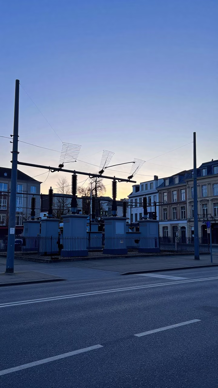 Brussels Belgium Pre-Dawn Street Scene with Power Substation and Cobalt Sky in in Brussels, Belgium