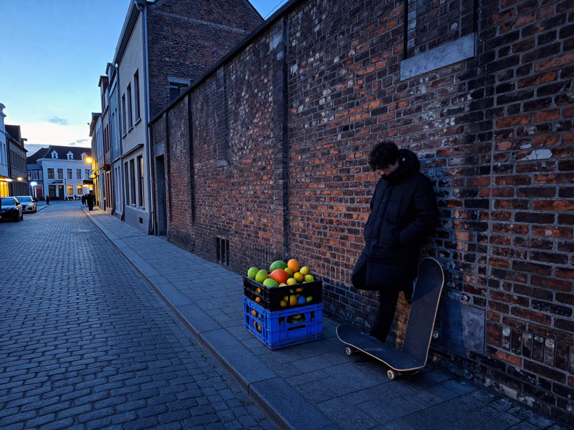 Brussels Belgium Pre-Dawn Street Scene with Skateboard and Fruit Crate in in Brussels, Belgium