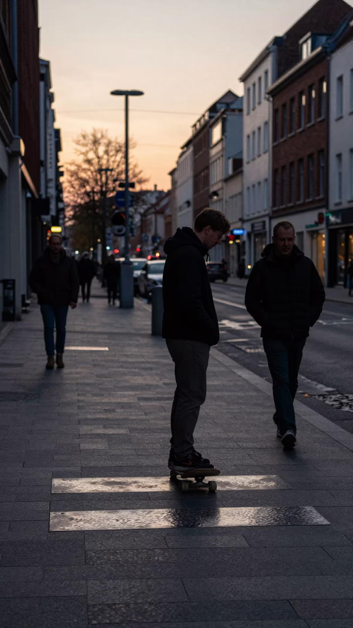 Brussels Belgium Pre-Dawn Street Scene with Skateboard and Hammered Metal Reflections in in Brussels, Belgium