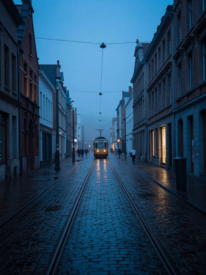 Brussels Belgium Pre-Dawn Street Scene with Wet Cobblestones and Vintage Tram Tracks in in Brussels, Belgium