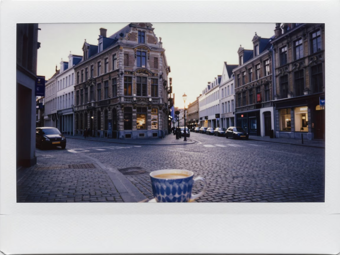 Brussels Belgium Pre-Dawn Urban Street Scene with Ceramic Cup and Wicker Basket in in Brussels, Belgium