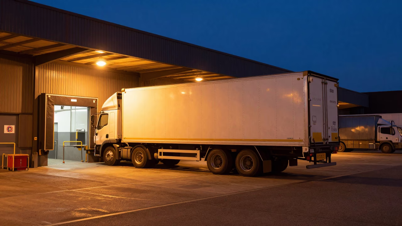 Brussels Belgium predawn loading dock semi-trailer sodium light street scene in in Brussels, Belgium
