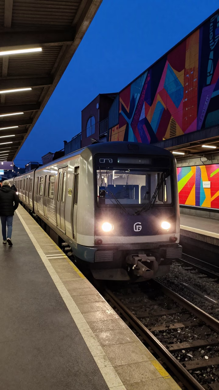 Brussels Belgium Predawn Metro Station Art Adorned Train Arrival Cinematic Street Photography in in Brussels, Belgium