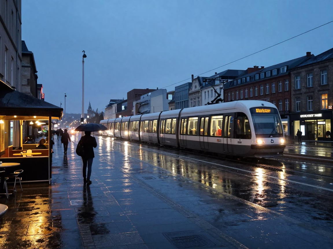 Brussels Belgium Predawn Monorail and Rainy Street Scene in in Brussels, Belgium