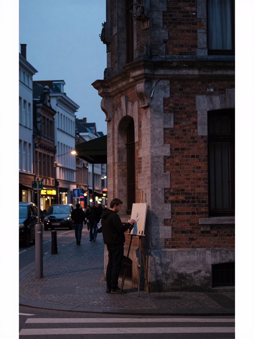 Brussels Belgium Predawn Street Scene with Artist and Urban Details in in Brussels, Belgium
