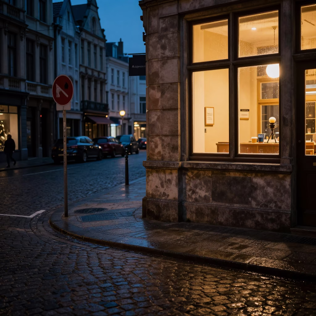 Brussels Belgium Predawn Street Scene with Coffee Cup and Window Curtains in in Brussels, Belgium