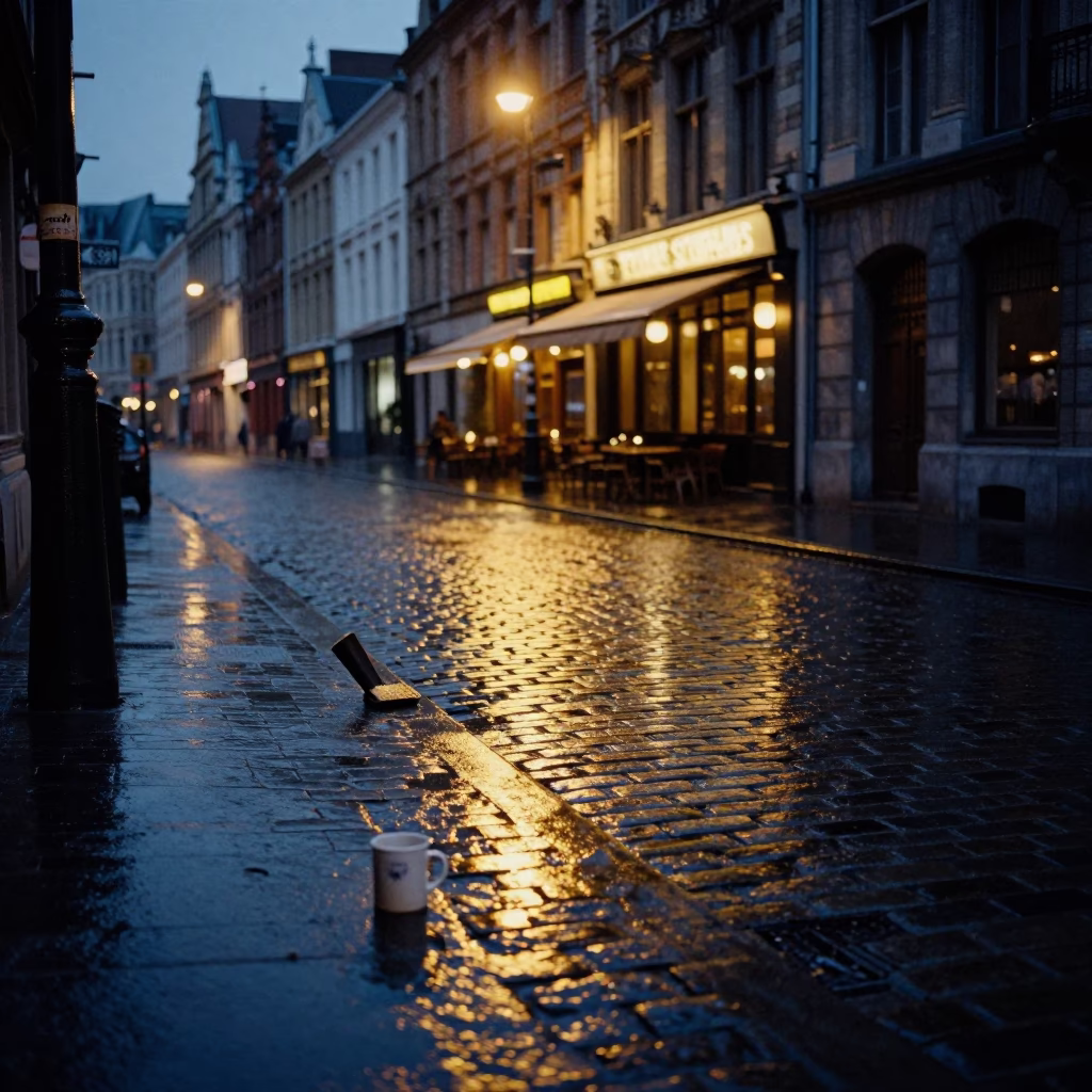 Brussels Belgium Predawn Street Scene With Mug And Boot Scraper In Rainy Night in in Brussels, Belgium
