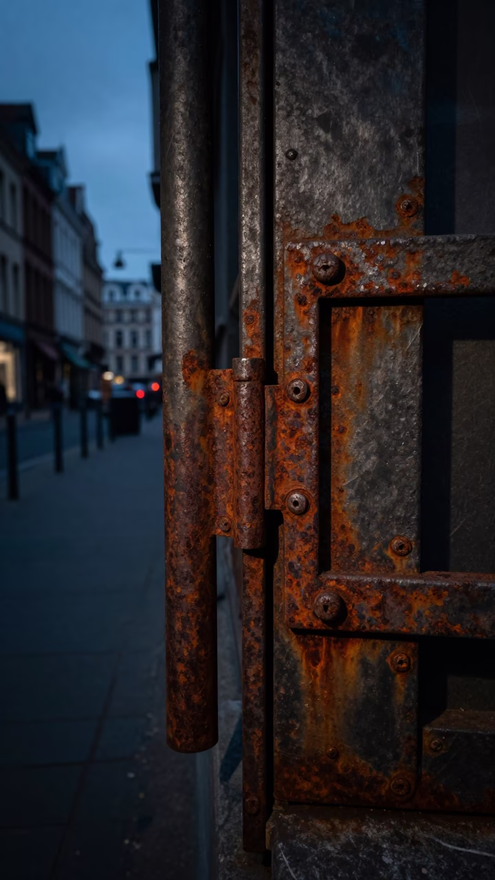 Brussels Belgium Predawn Street Scene with Rusty Hinges and Urban Decay Details in in Brussels, Belgium