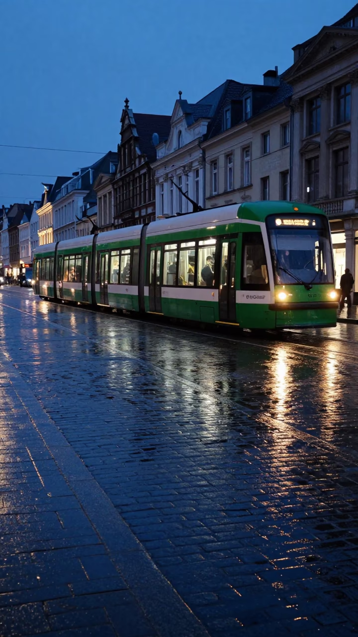 Brussels Belgium predawn tram reflection on wet cobblestones near Grand Place in in Brussels, Belgium