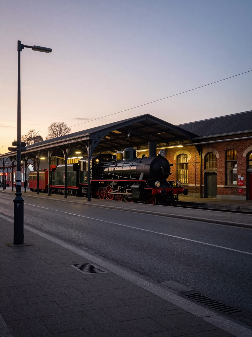 Brussels Belgium street scene at nautical dawn with heritage steam locomotive and commuter train in in Brussels, Belgium