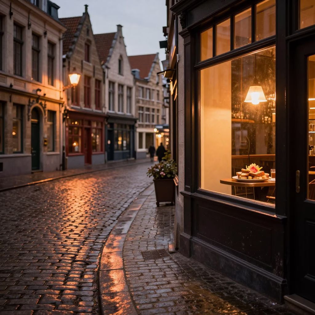 Brussels Belgium Street Scene Before Dusk Copper Light Cobblestones in in Brussels, Belgium