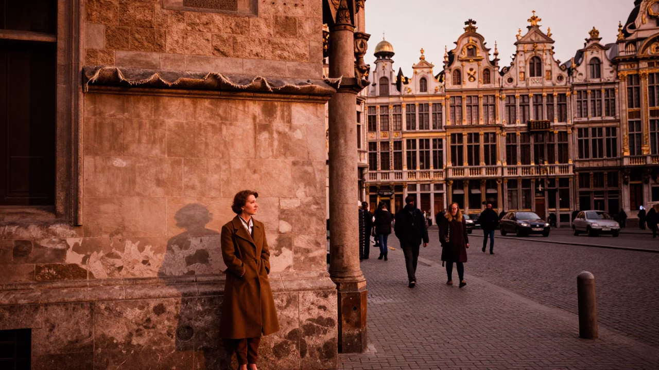 Brussels Belgium Street Scene Before Dusk with Linen Fringe and Hatbox on Cobblestone in in Brussels, Belgium