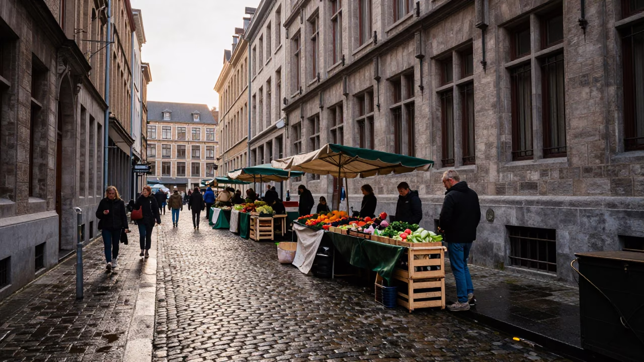 Brussels Belgium Street Scene First Light Cobblestone Alley Local Market Activity in in Brussels, Belgium