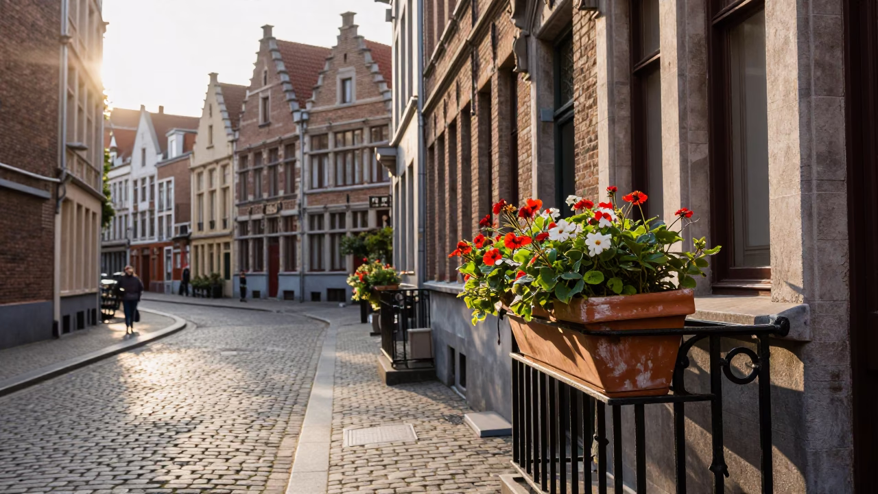 Brussels Belgium Street Scene Just After Sunrise with Flowerpot and Urban Details in in Brussels, Belgium