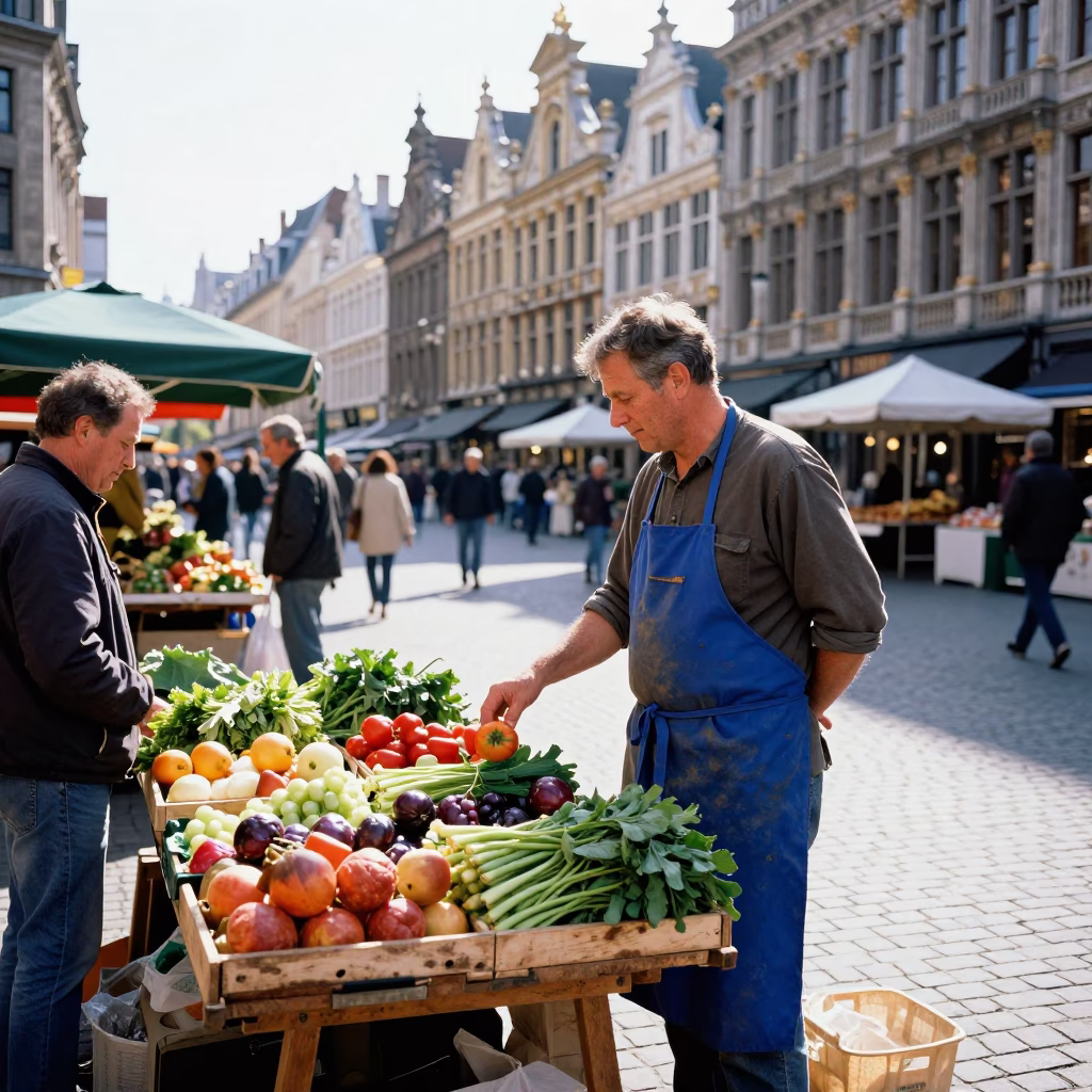 Brussels Belgium Street Scene Midmorning Light with Local Market Vendor and Apron in in Brussels, Belgium