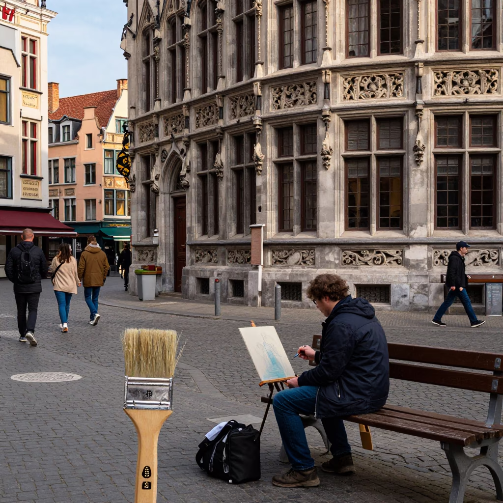 Brussels Belgium Street Scene with Paintbrush and Thimble in Late Afternoon Light in in Brussels, Belgium