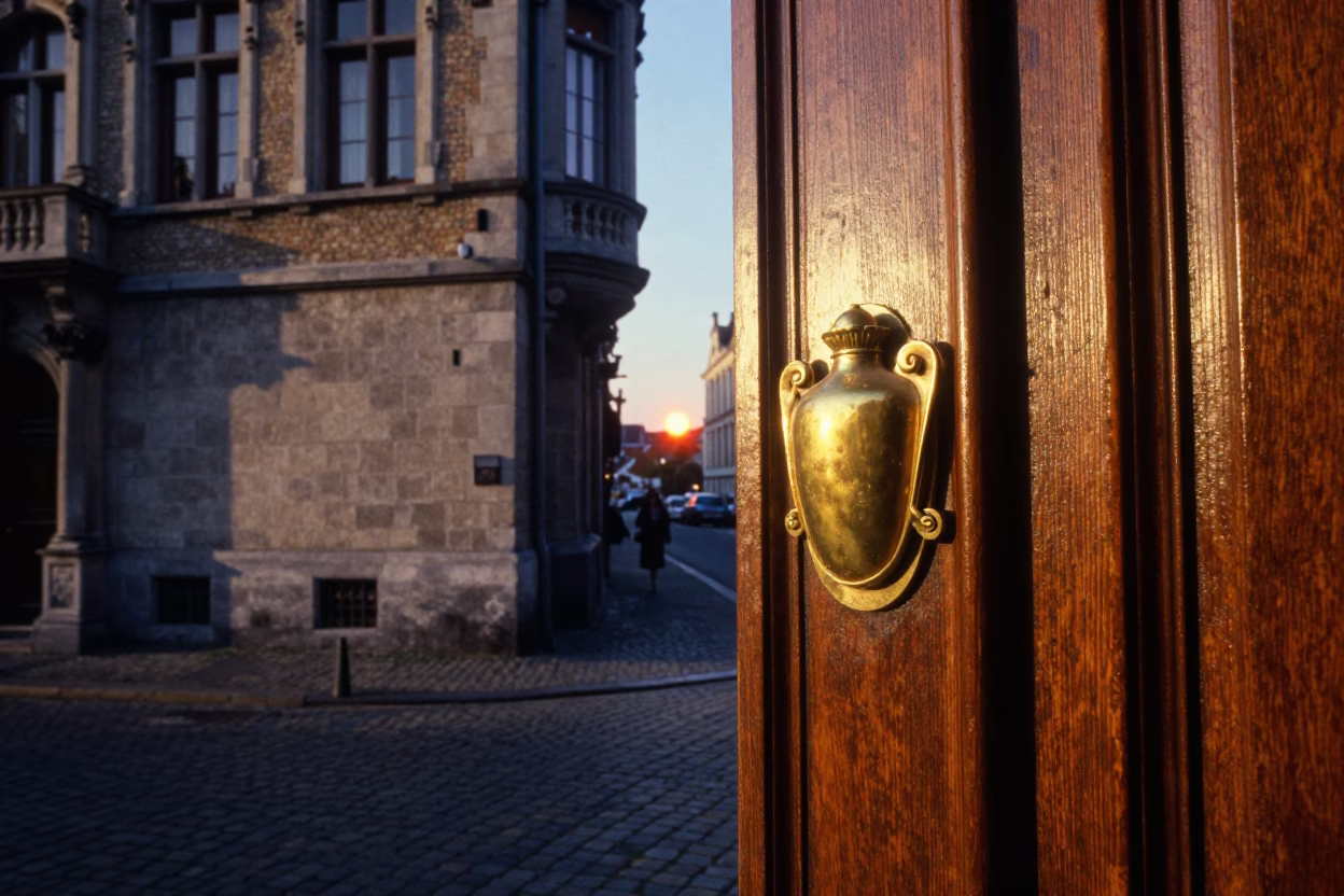 Brussels Belgium Sunset Street Scene with Brass Escutcheon and Cobalt Liquid in in Brussels, Belgium