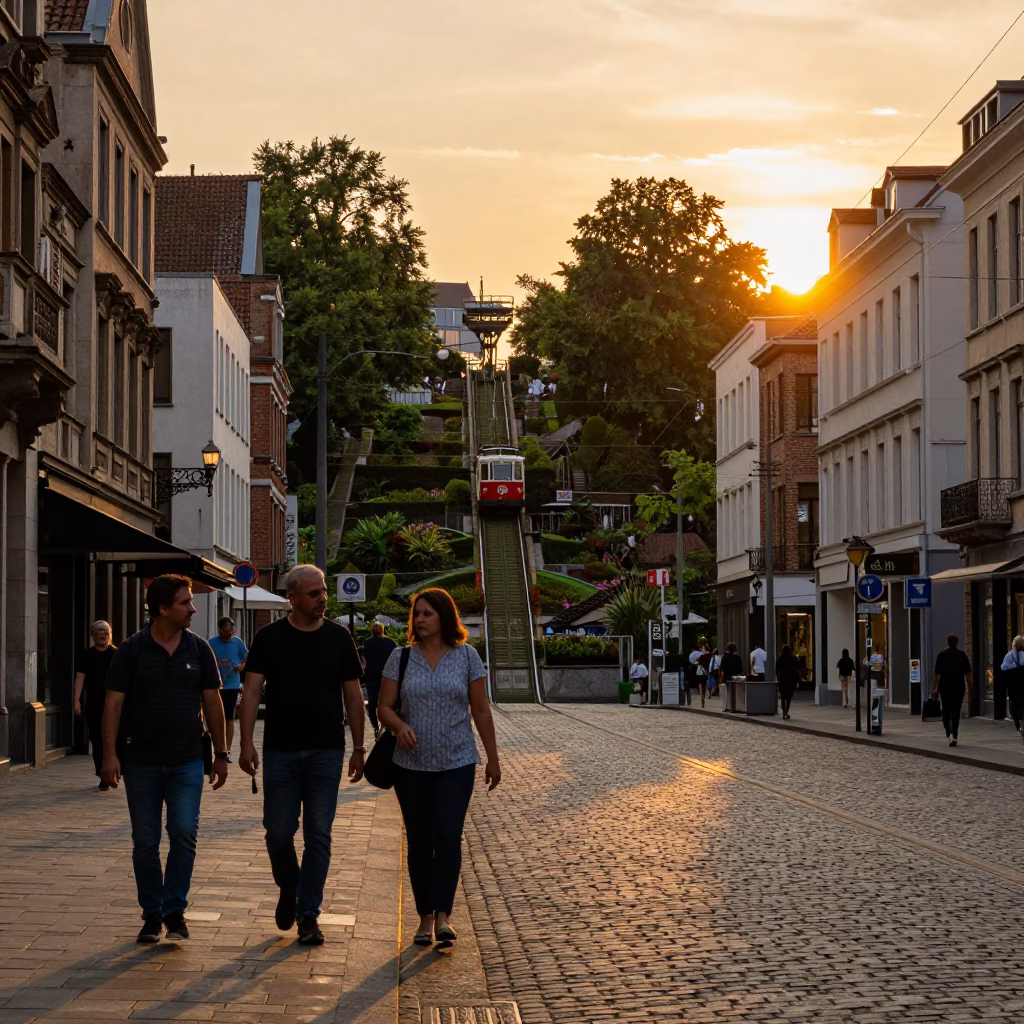 Brussels Belgium Sunset Street Scene with Funicular and Local Life in in Brussels, Belgium