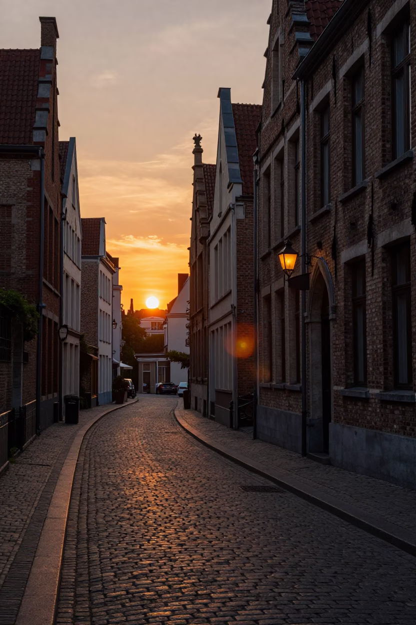 Brussels Belgium Sunset Street Scene with Lantern Alley and Local Life in in Brussels, Belgium