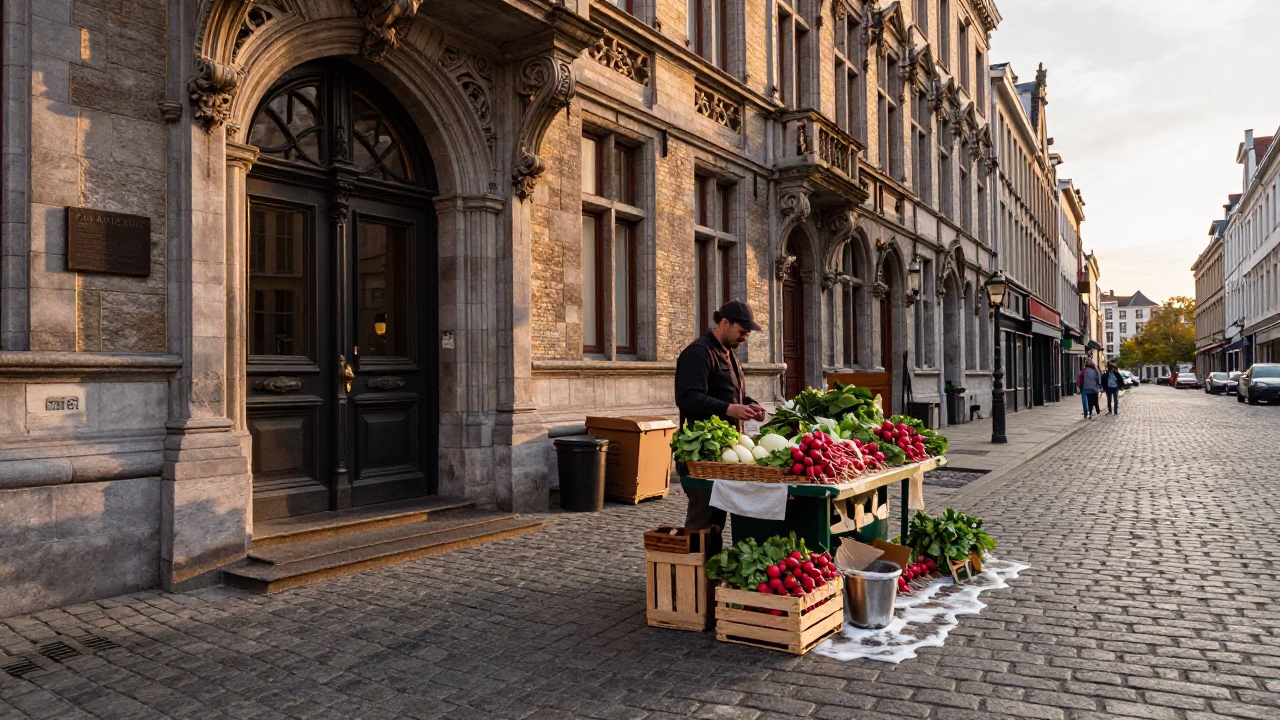 Brussels Belgium Sunset Street Scene with Radishes and Soap Residue on Doorframe in in Brussels, Belgium