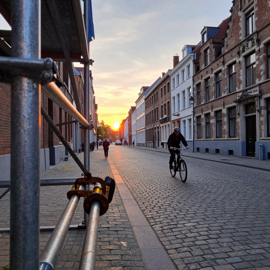 Brussels Belgium Sunset Street Scene with Turnbuckle and Brushed Steel Tile Details in in Brussels, Belgium