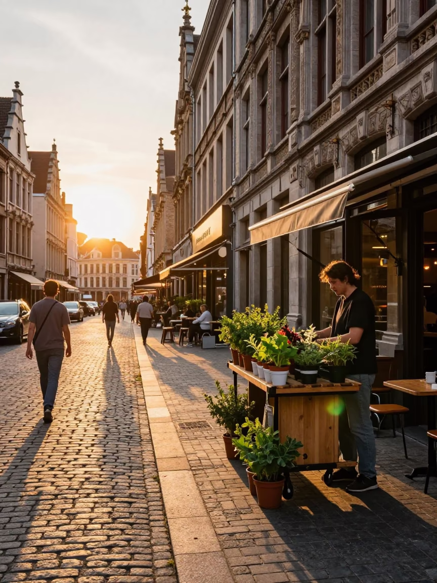 Brussels Belgium Sunset Street Scene with Vendor and Potted Herbs in in Brussels, Belgium