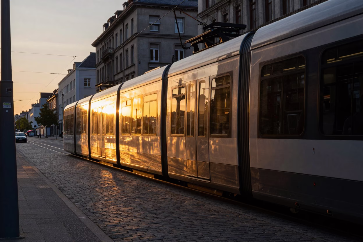 Brussels Belgium Sunset Street Scene with Vintage Monorail Reflection in Glass Facade in in Brussels, Belgium