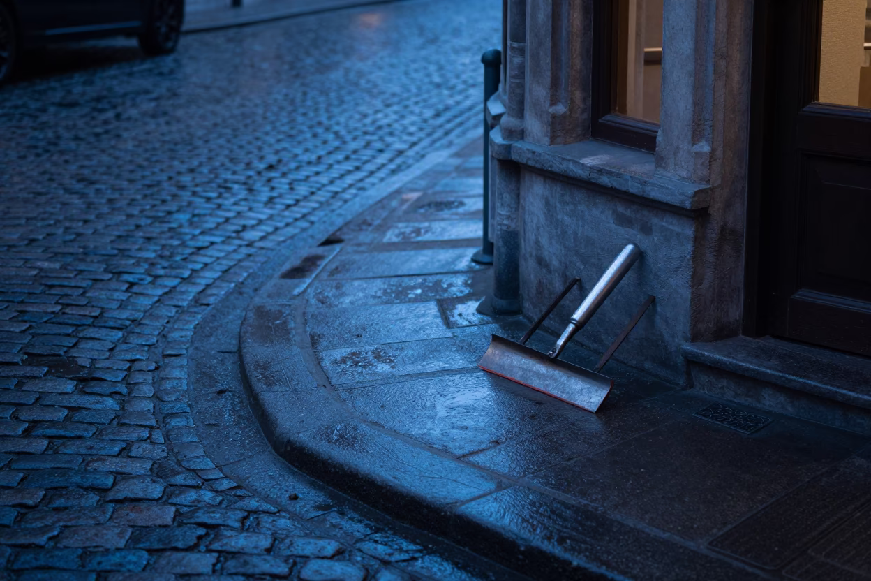Brussels Belgium Twilight Street Scene with Boot Scraper and Cobblestone Architecture in in Brussels, Belgium