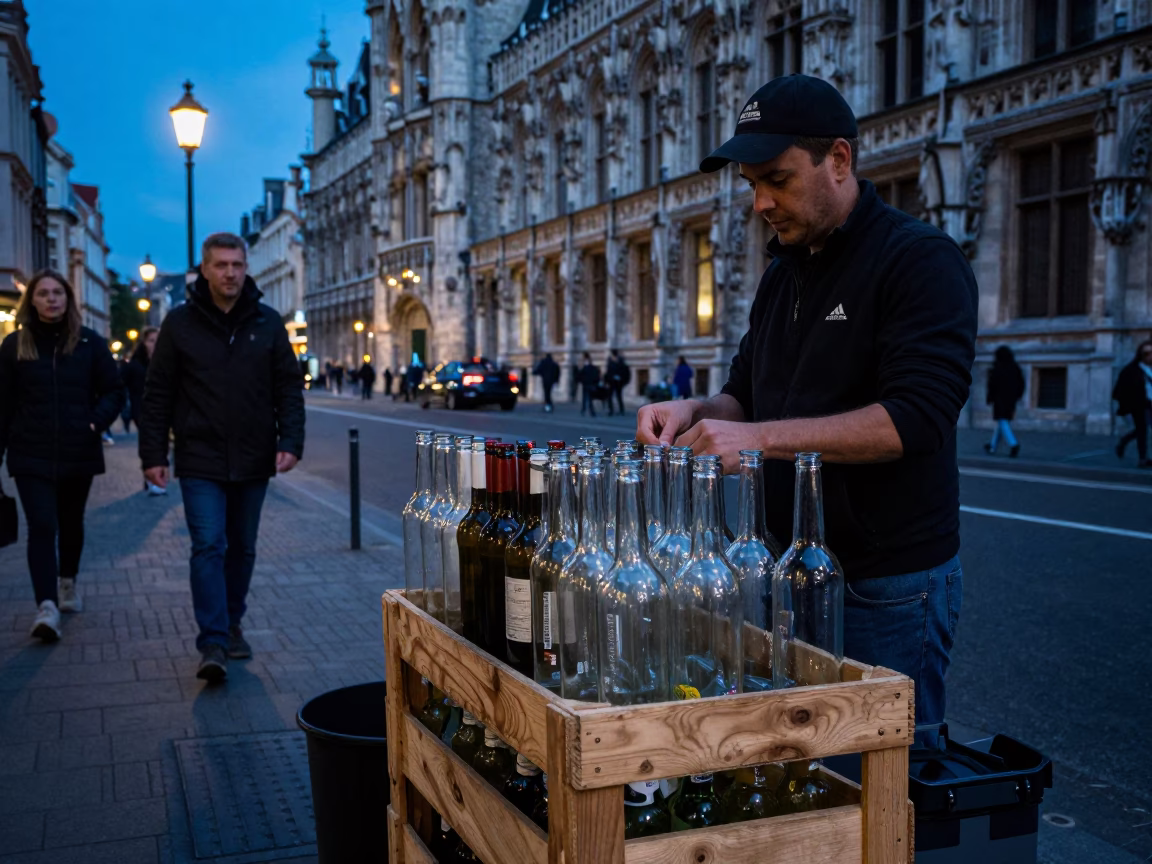 Brussels Belgium Twilight Street Scene With Glass Bottles And University Arcade in in Brussels, Belgium