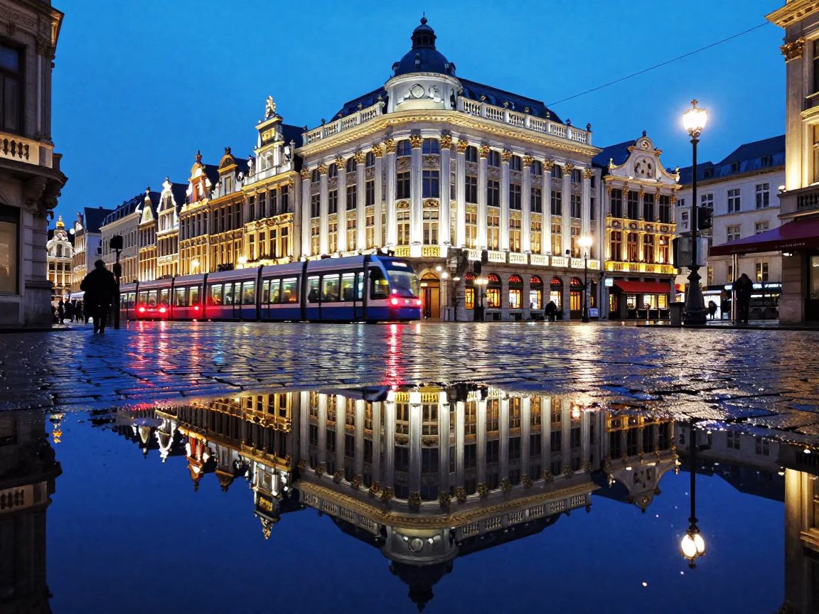 Brussels Belgium Twilight Street Scene with Puddle Reflections of Hotel Windows and Tail Lights in in Brussels, Belgium