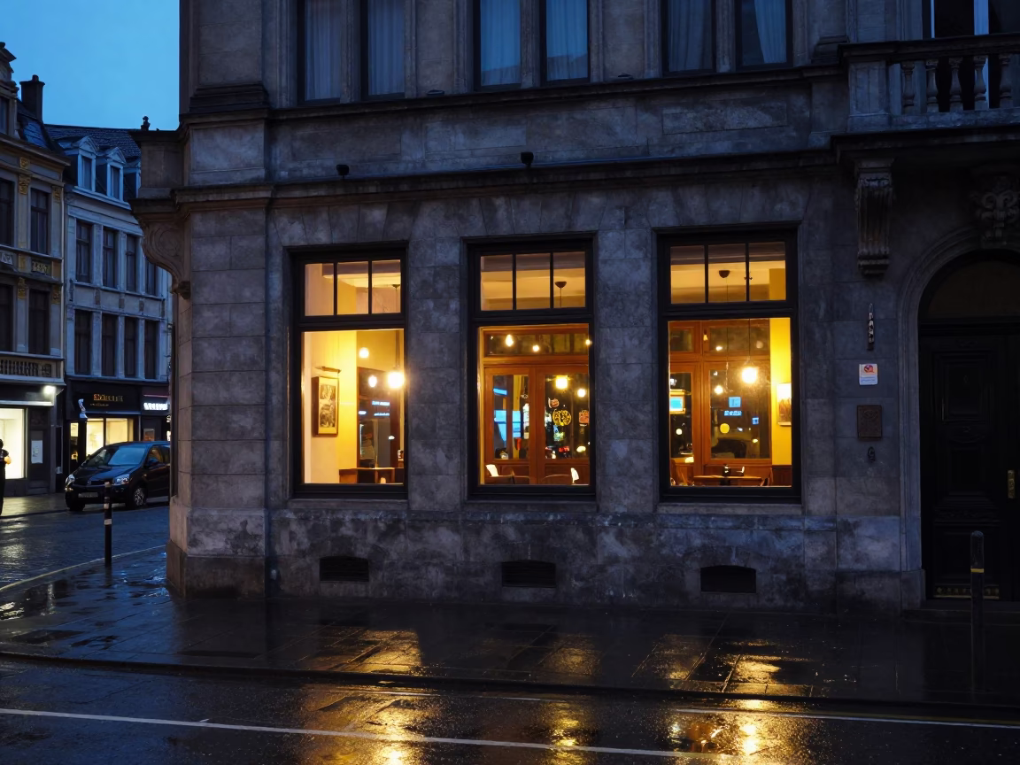 Brussels Belgium Twilight Street Scene with Window Light Reflections and Basil Leaves in in Brussels, Belgium